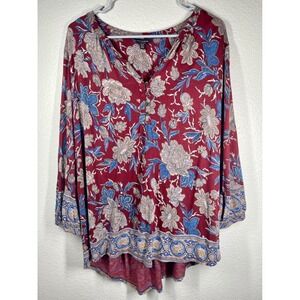 Lucky Brand Women 1X Burgundy Floral Print Long Sleeve V Neck Tunic Top boho